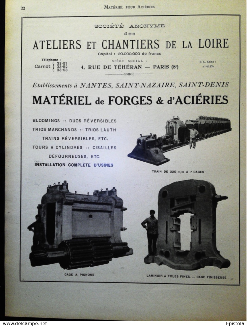 ► MATERIEL De FORGE Et ACIERIE - ATELIERS Et CHANTIERS De La LOIRE   - Page Catalogue Technique 1928  (Env 22 X 30 Cm) - Máquinas