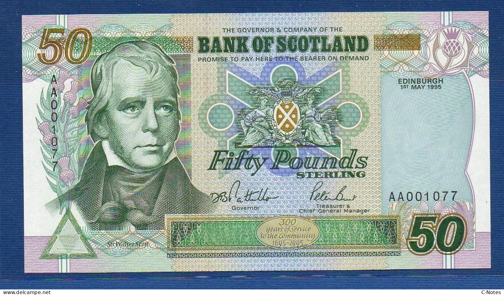 SCOTLAND - P.122a – 50 POUNDS 01.05.1995 UNC, S/n AA001077 Low Serial Number - 50 Pounds