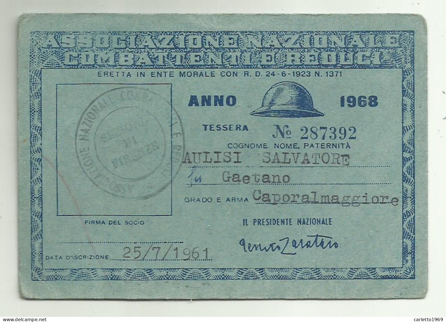 ASSOCIAZIONE NAZ. COBATTENTI E REDUCI  ANNO 1968  - Membership Cards