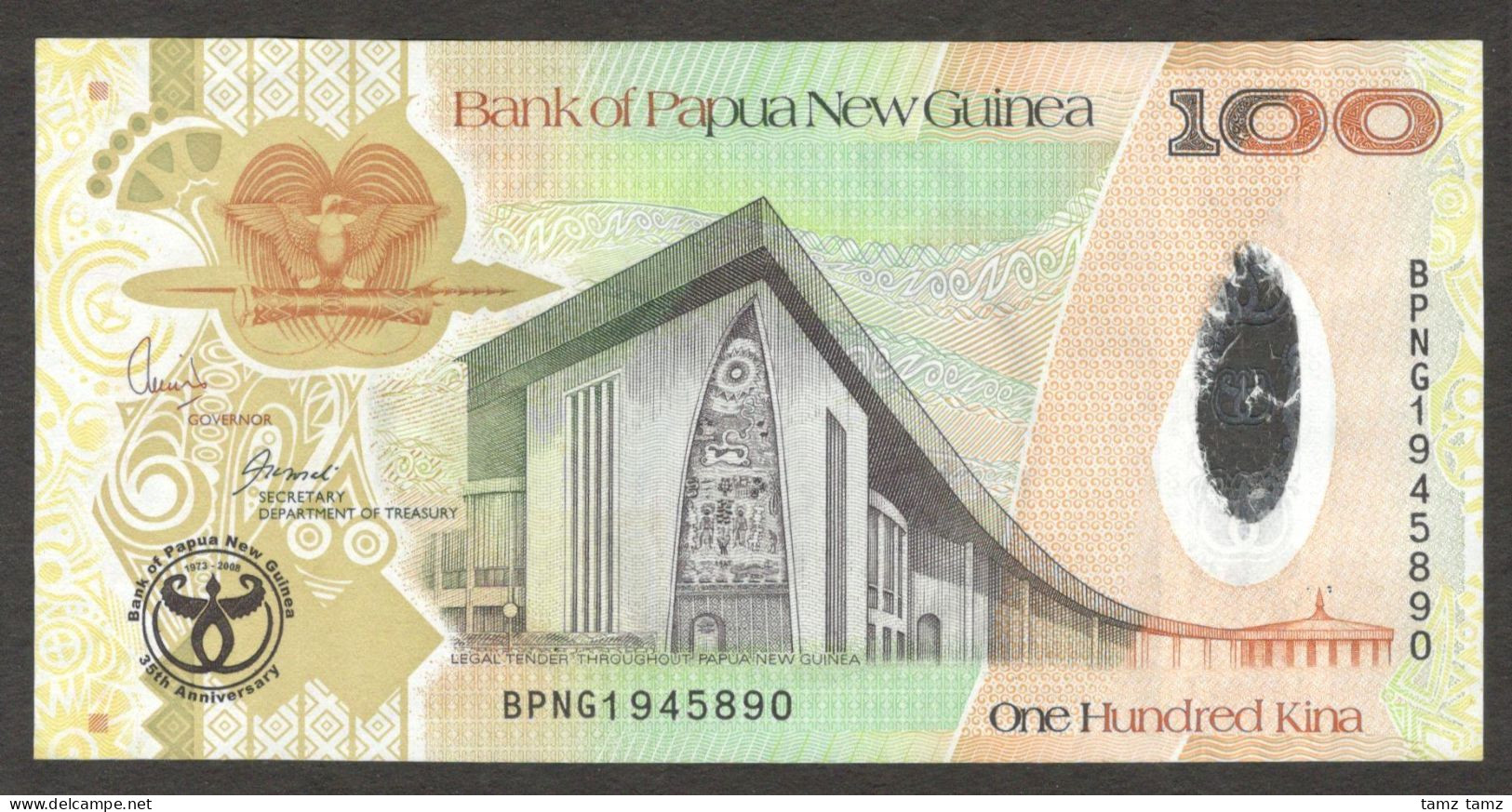 Papua New Guinea 100 Kina Commemorative 35 Years 2008 Hybrid Polymer - Papouasie-Nouvelle-Guinée