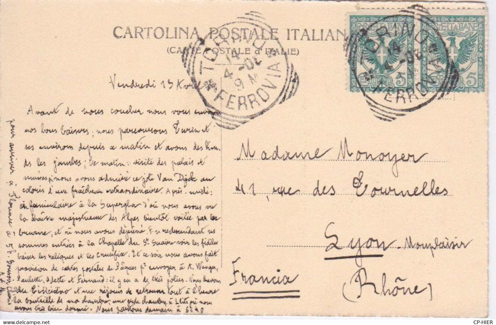 1908 - ITALIE - ITALIA - SICILIA - TORINO - CACHET HOTEL DU NORD DE TURIN  34 RUE DE ROME - Cafes, Hotels & Restaurants