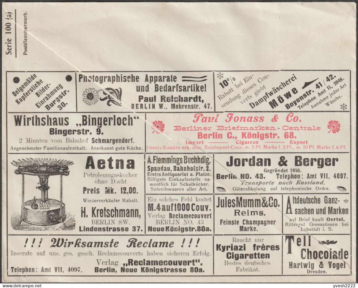 Allemagne 1905. Enveloppe Annonces. Photographie, Vendeur De Timbres, Etna Cuisson Au Pétrole, Champagne Mumm - Vulkane