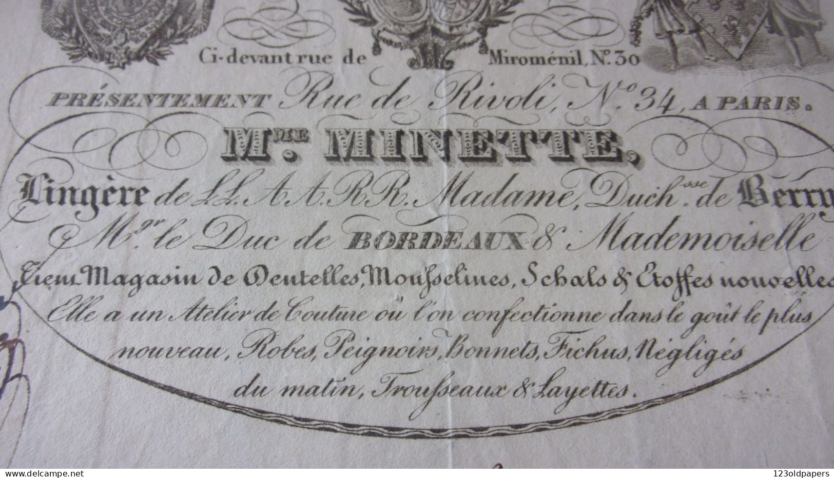 FACTURE 1830 A LA PERLE MME MINETTE MAGASIN DE DENTELLES à Paris,  30 RUE MIROMESNIL LINGERE DE DUCHESSE DE BERRY ET DUC - 1800 – 1899