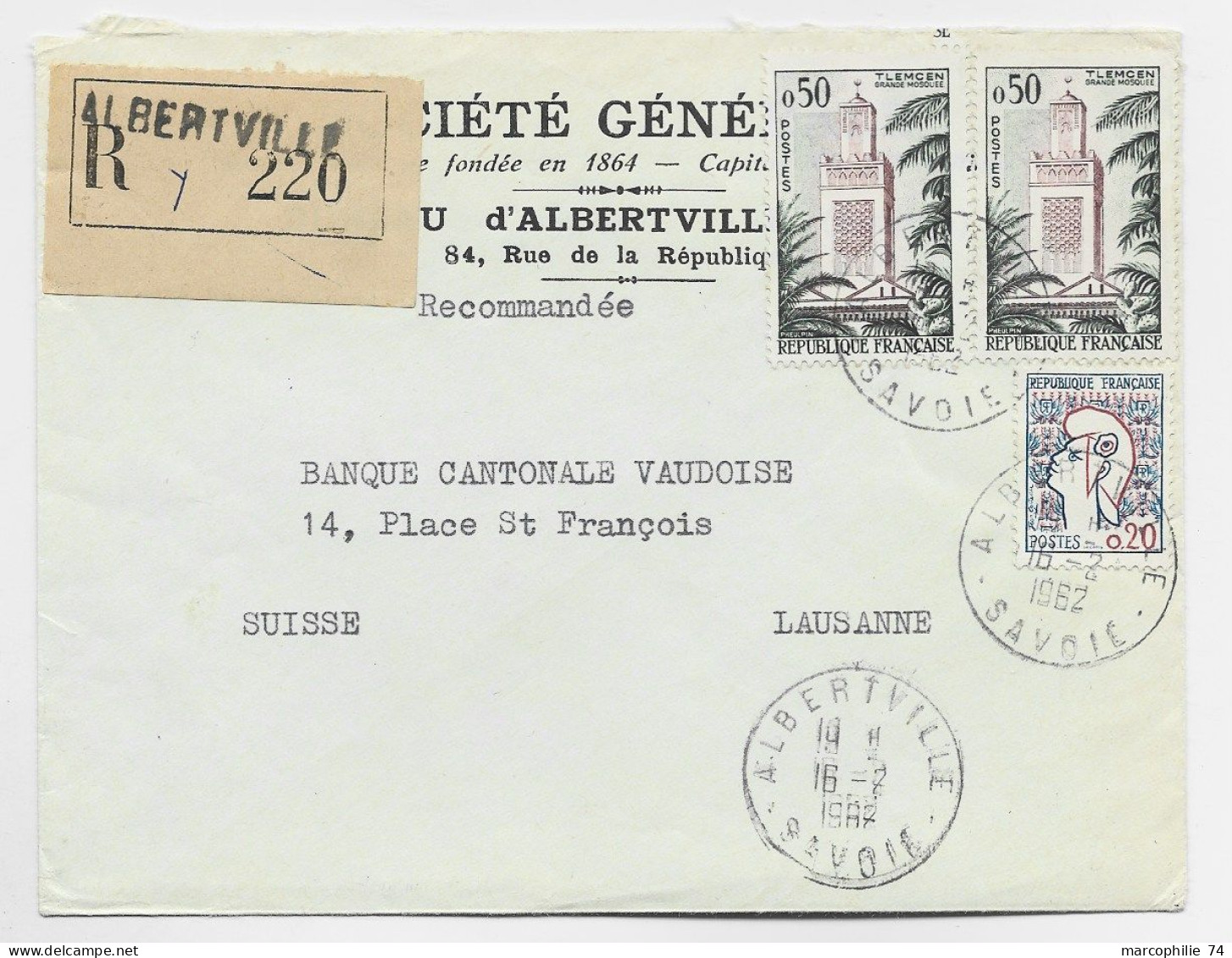 COCTEAU 20C + 50C TLEMCEN X2 LETTRE REC ALBERTVILLE SAVOIE 1962 POUR SUISSE - 1961 Marianni Di Cocteau