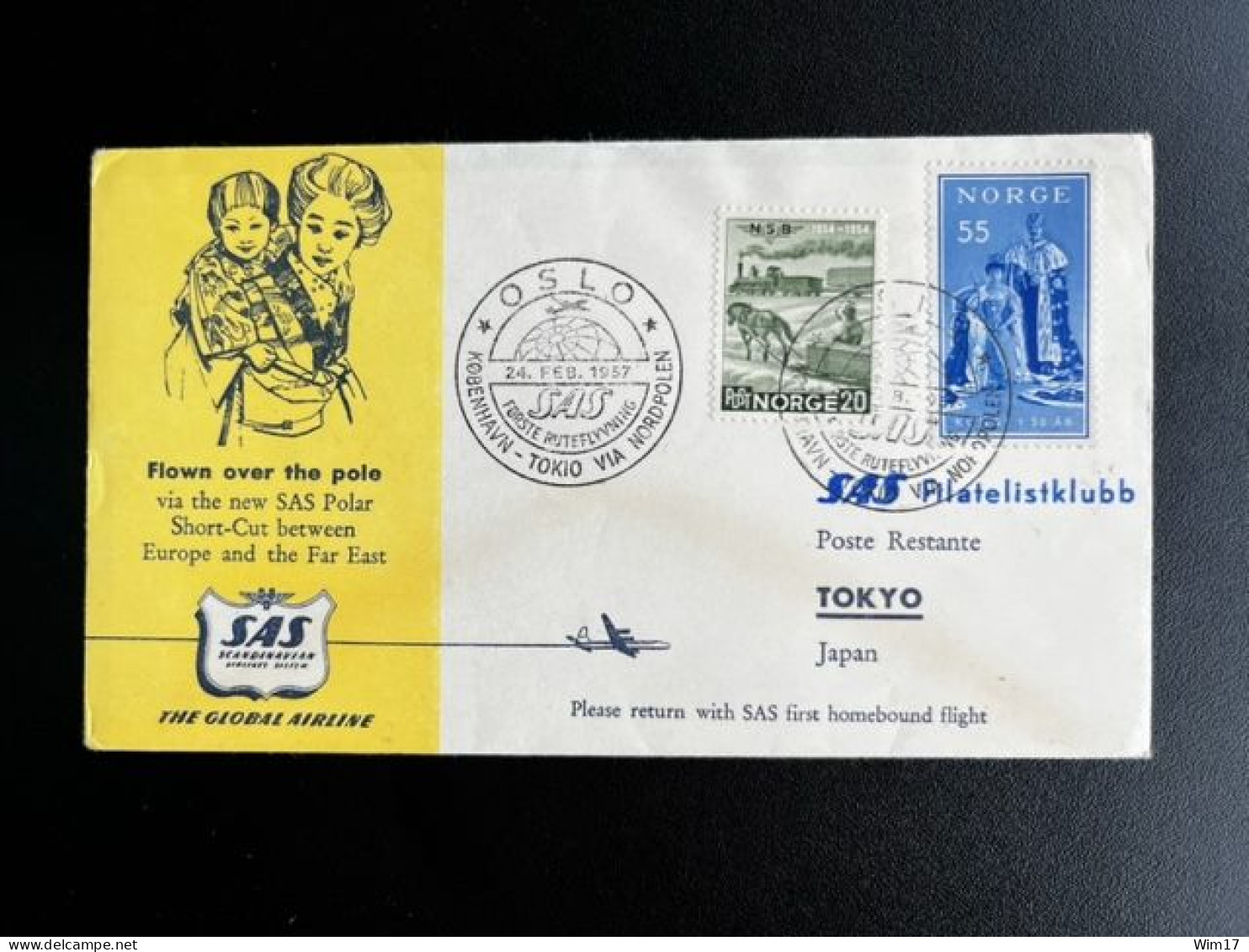 NORWAY NORGE 1957 FIRST FLIGHT COVER OSLO TO TOKYO OVER NORTH POLE 24-02-1957 NOORWEGEN - Storia Postale