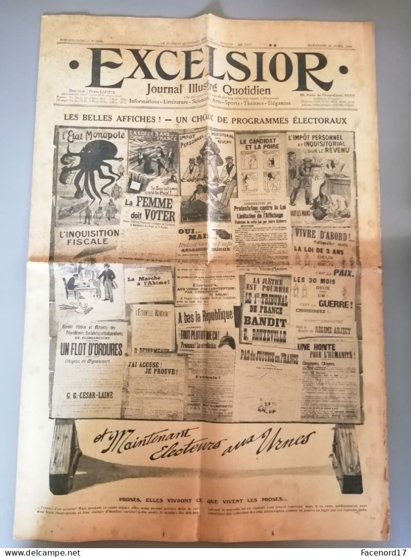 Journal Illustré Quotidien Excelsior Du 26 Avril 1914 Les Belles Affiches Un Choix De Programmes électoraux - General Issues