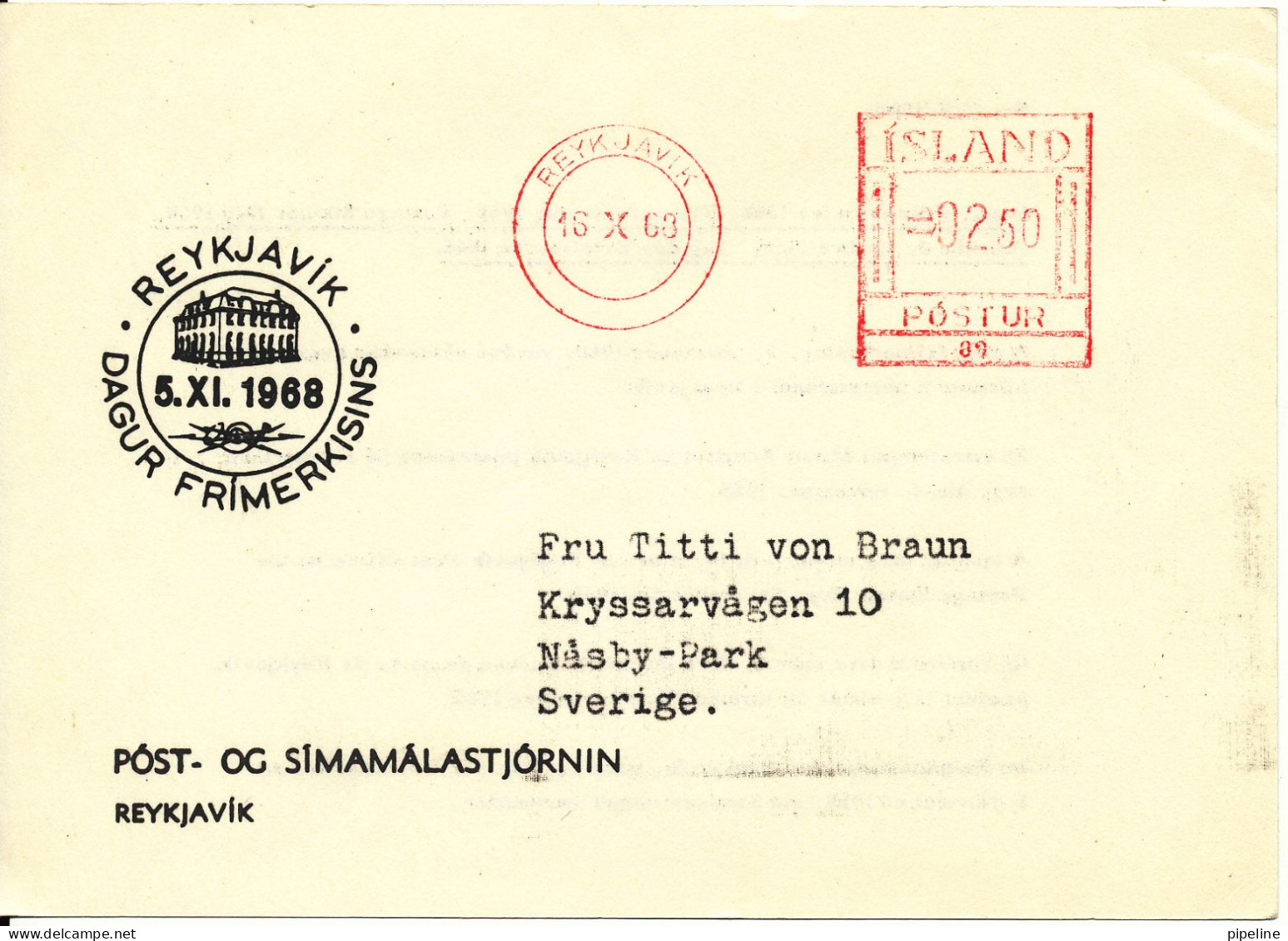 Iceland Card With Meter Cancel Reykjavik 16-10-1968 Sent To Sweden - Cartas & Documentos