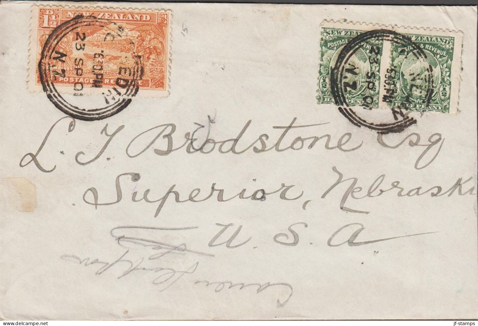 1901. New Zealand. Interesting Small Cover To Superior, Nebraska, USA With Pair ½ D And 1½ D ... (MICHEL 97+) - JF535723 - Cartas & Documentos