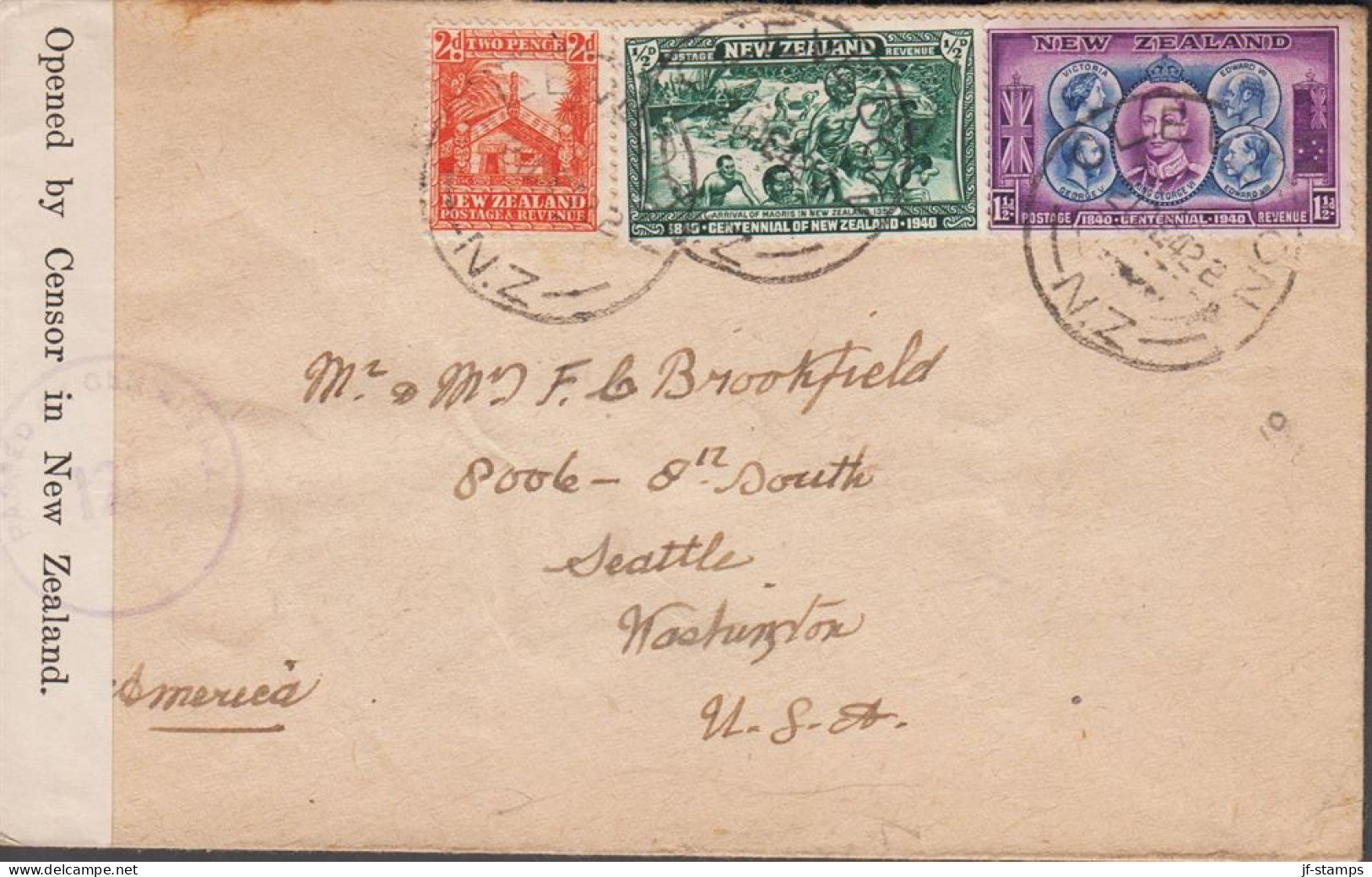 1942. New Zealand. Fine Small Censored Cover To Seattle, Washington, USA With 2 D + ½ D And ... (MICHEL 255+) - JF535729 - Briefe U. Dokumente