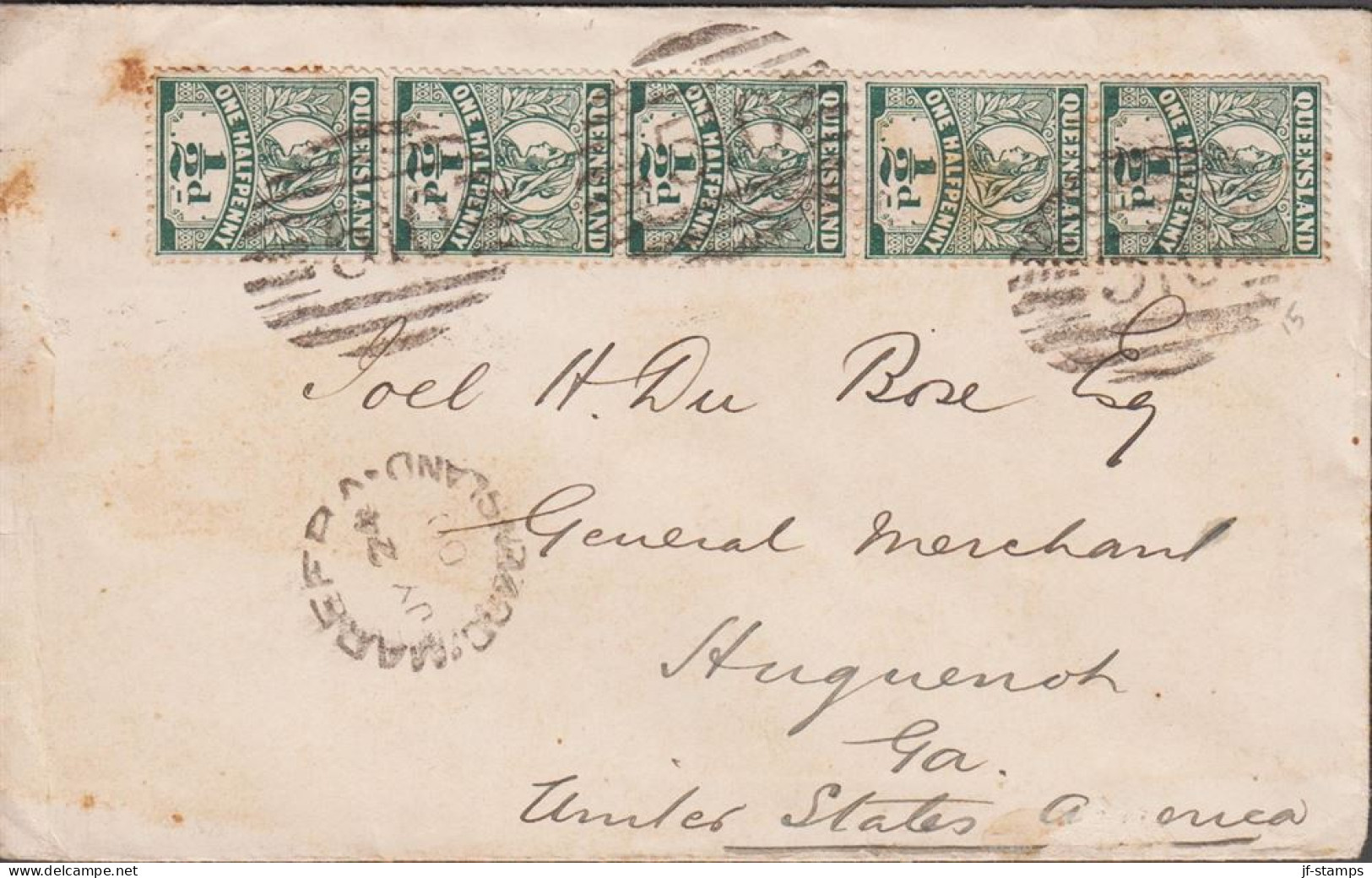 1900. QUEENSLAND. Impressive Franking On Small Envelope To USA With Vertical 5-stripe Victori... (michel 106) - JF535733 - Lettres & Documents