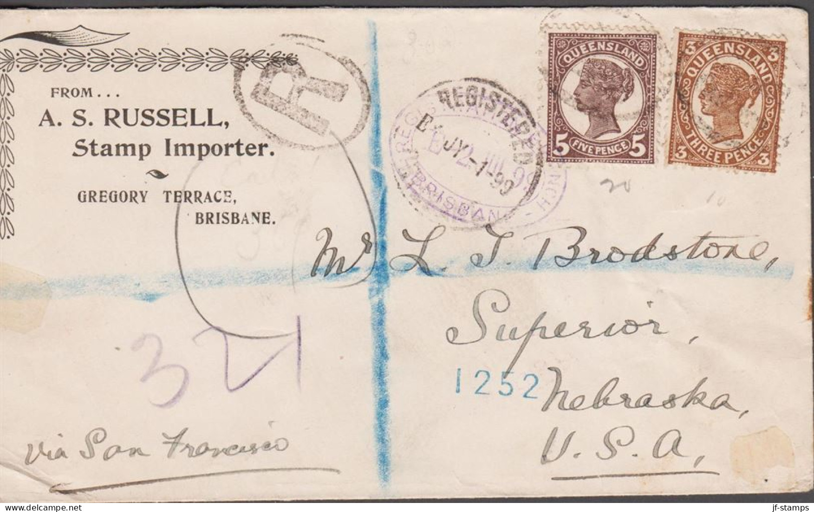 1900. QUEENSLAND. Beautiful Registered Cover To Superior, Nebraska, USA Via San Francisc... (michel 99 + 101) - JF535734 - Storia Postale