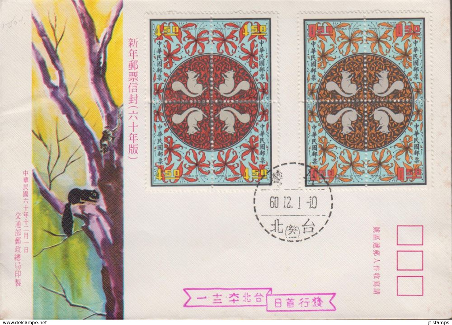 1971. TAIWAN. Year Of The Rat, Complete Set In Two 4-blocks On Fine FDC Cancelled 60. 12. 1. 
The Taiwan-... - JF535735 - Cartas & Documentos