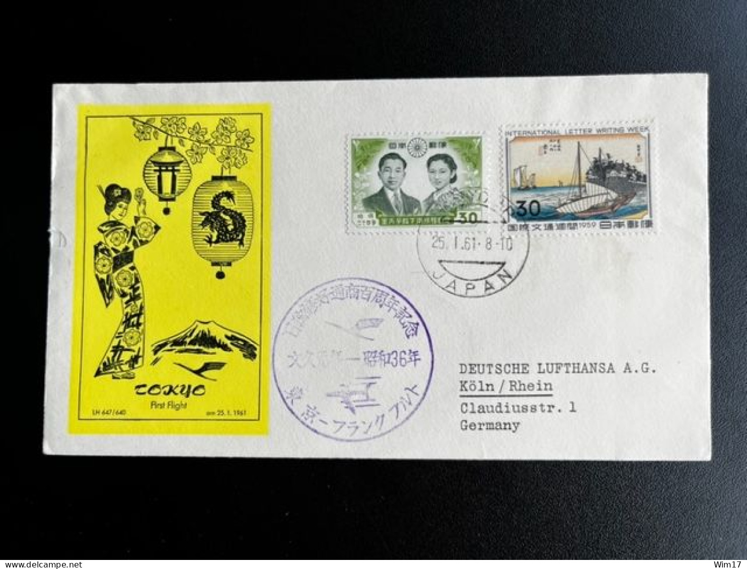 JAPAN NIPPON 1961 FIRST FLIGHT COVER TOKYO TO FRANKFURT 25-01-1961 - Lettres & Documents