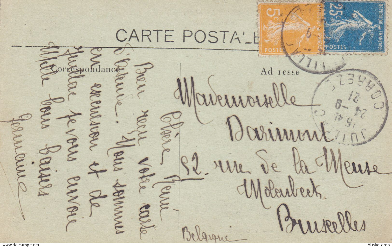 France CPA Corréze 3. Juillac Le Chateau De Chabrignac (cóte Levant) JUILLAC Correze 1921 BRUXELLES Belgium 2x Semeuse - Juillac