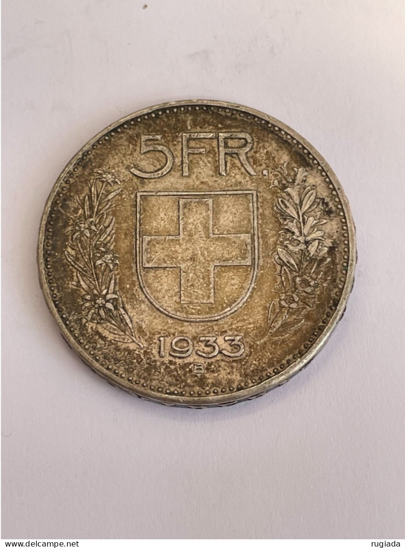 1933 Swiss 5 Francs Coin, Silver (0.835) Coin, Toned, XF Extremely Fine - Autres & Non Classés