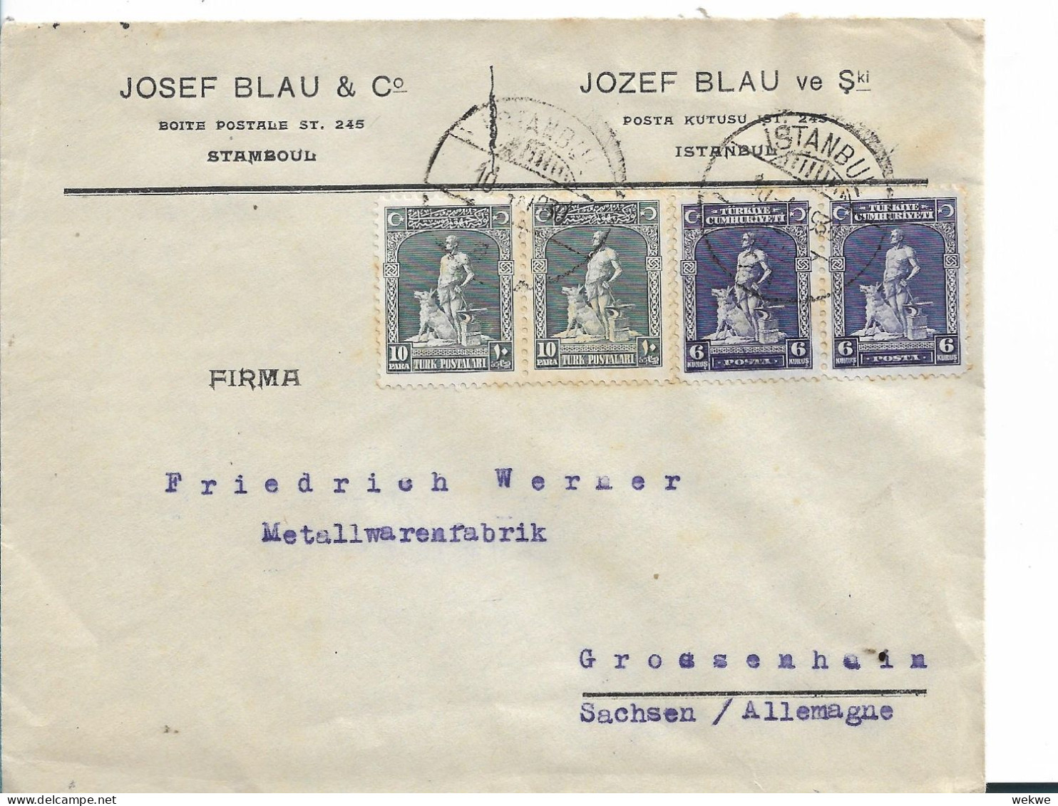 Türkei 184 / Grauer Wolf (Ausgabe 1926 + 1929) 2 Paare, Istanbul 1930 Auf Firmenbrief, Nach Sachsen - Storia Postale