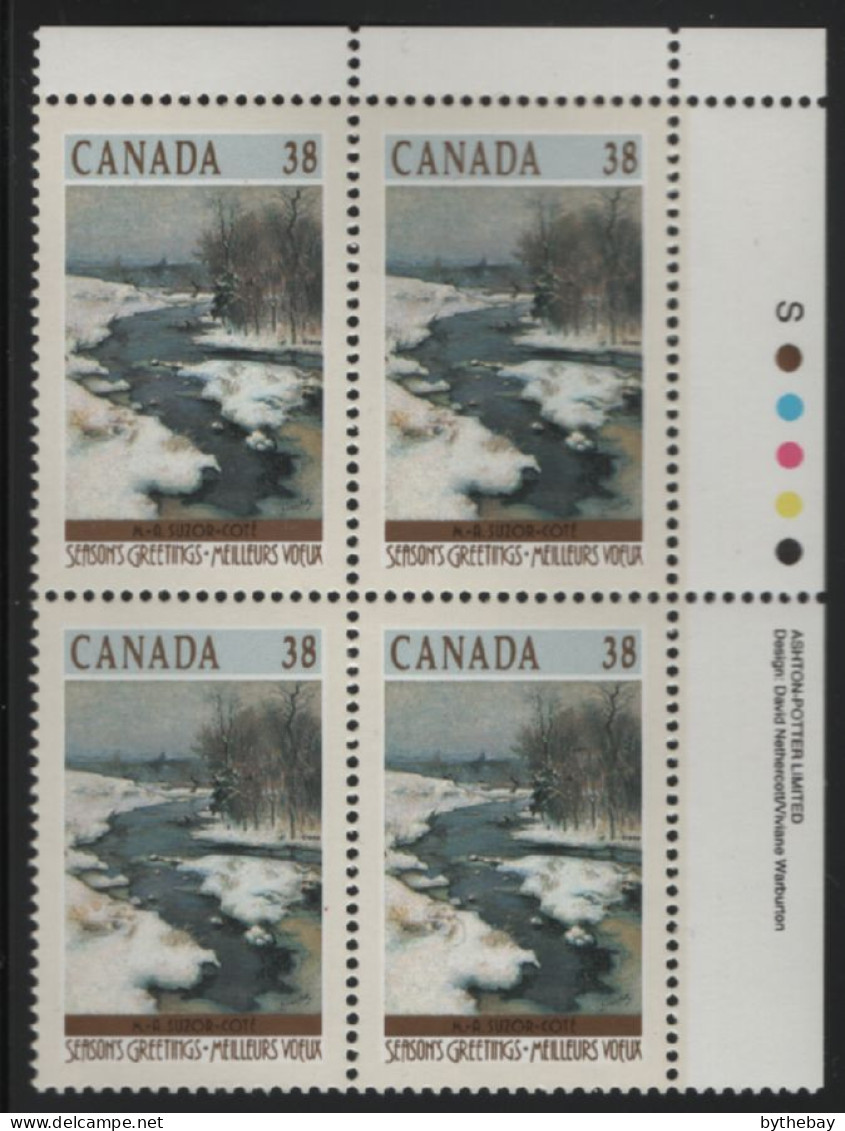 Canada 1989 MNH Sc 1256 38c Gosselin River Christmas UR Plate Block - Plate Number & Inscriptions