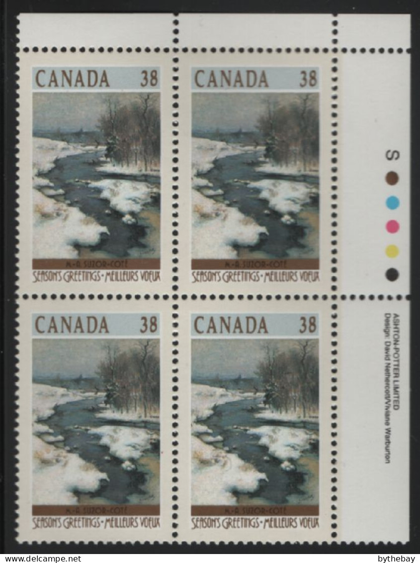 Canada 1989 MNH Sc 1256 38c Gosselin River Christmas UR Plate Block - Plaatnummers & Bladboorden