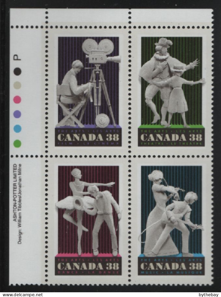 Canada 1989 MNH Sc 1255a 38c Film, Dance, Music, Performers UL Plate Block - Plate Number & Inscriptions