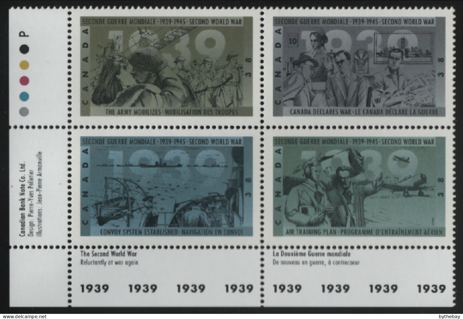 Canada 1989 MNH Sc 1263a 38c At War Again WWII LL Plate Block - Plate Number & Inscriptions