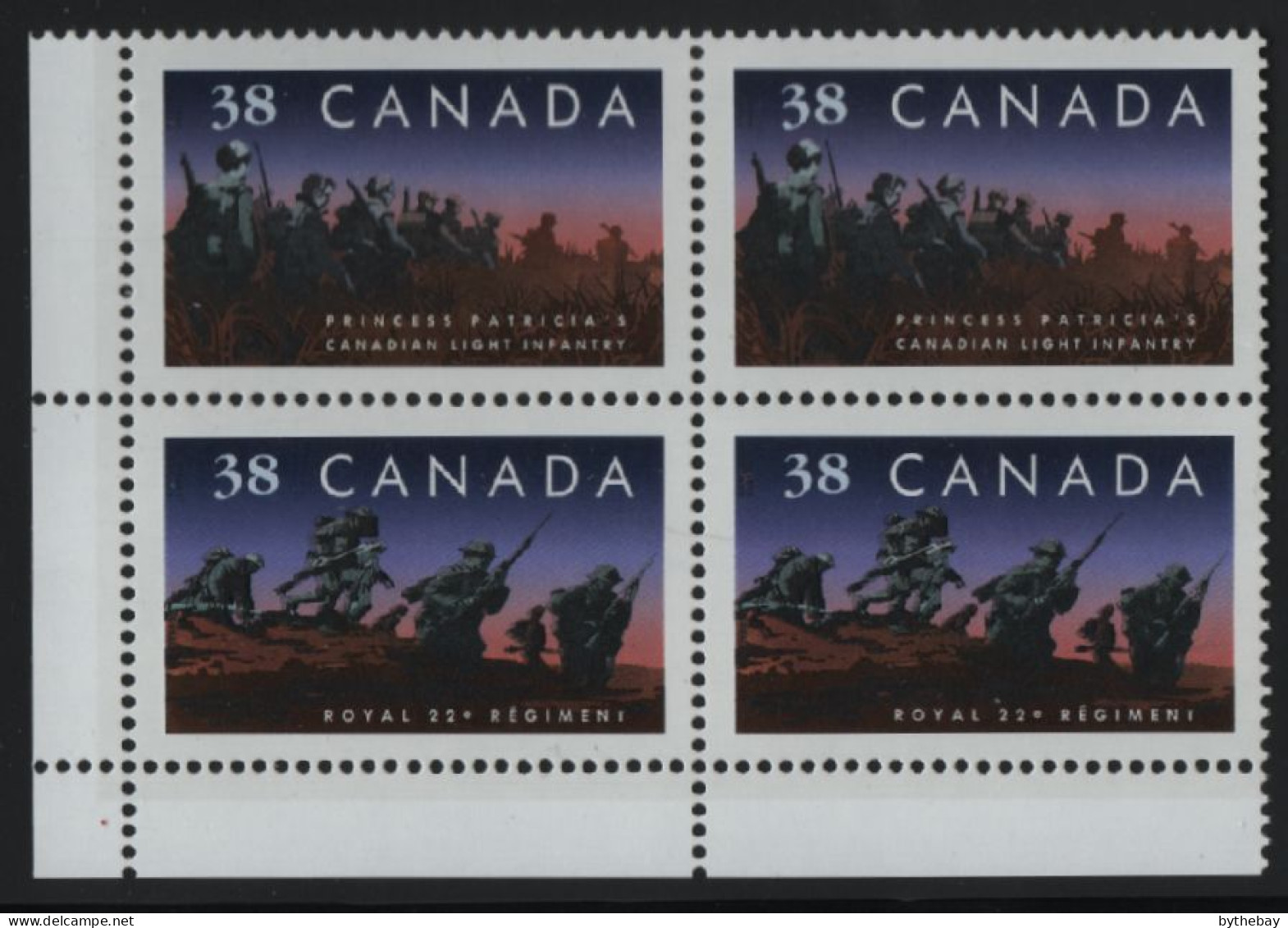 Canada 1989 MNH Sc 1250a 38c Infantry Regiments LL Plate Block Blank - Num. Planches & Inscriptions Marge