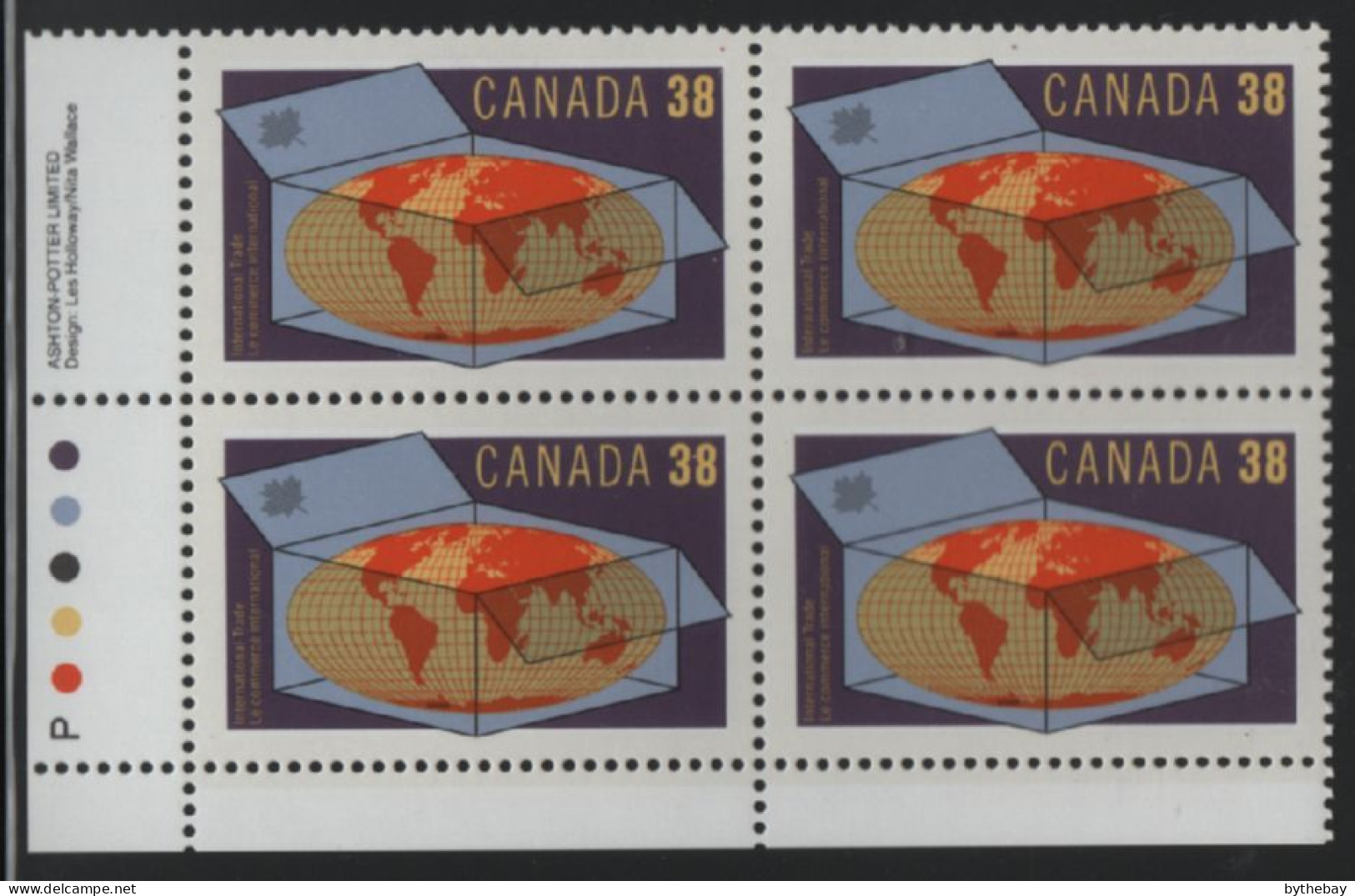 Canada 1989 MNH Sc 1251 38c Globe In Box Int'l Trade LL Plate Block - Numeri Di Tavola E Bordi Di Foglio