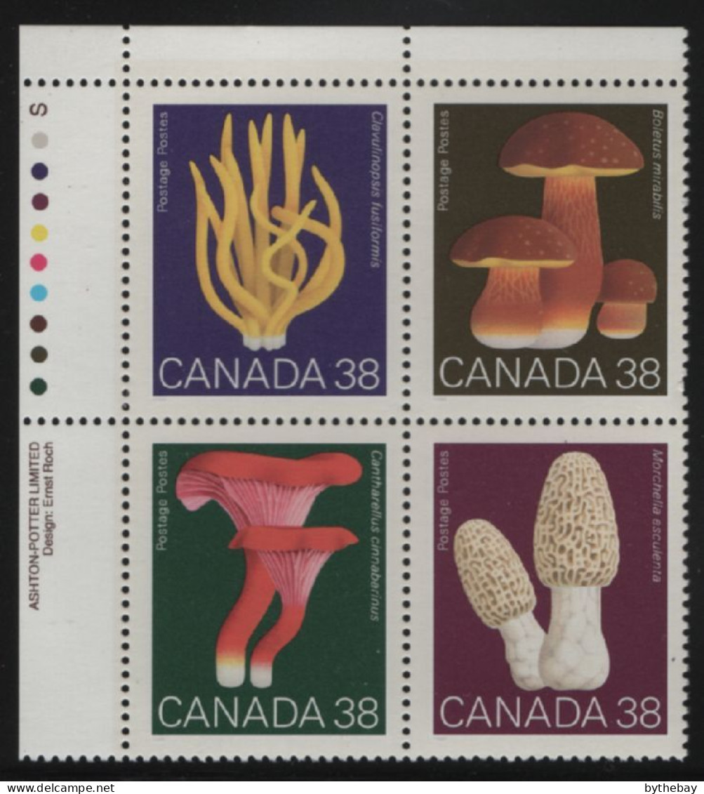 Canada 1989 MNH Sc 1248a 38c Mushrooms UL Plate Block - Num. Planches & Inscriptions Marge