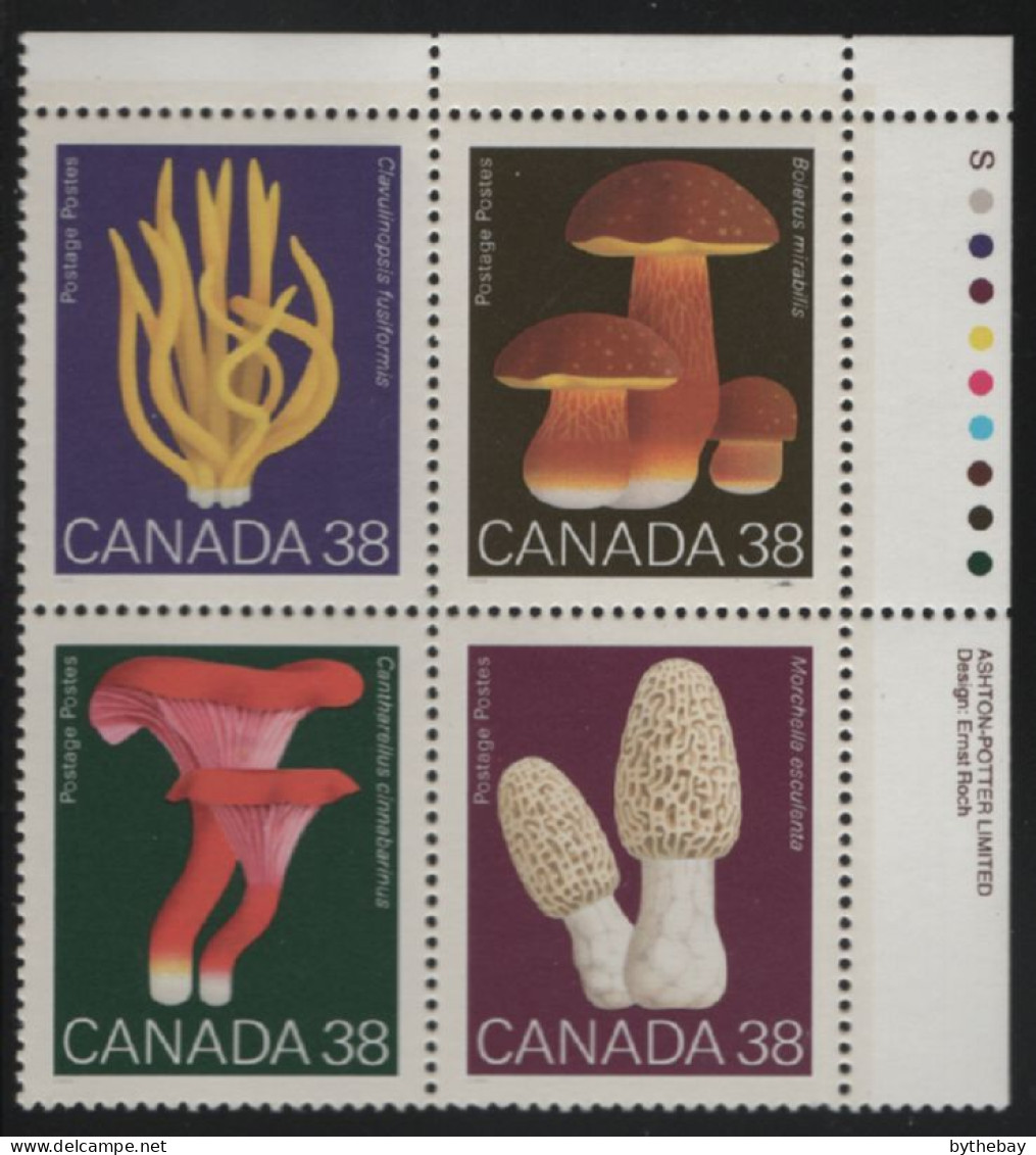 Canada 1989 MNH Sc 1248a 38c Mushrooms UR Plate Block - Numeri Di Tavola E Bordi Di Foglio
