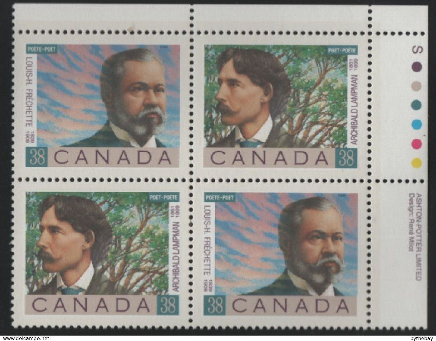 Canada 1989 MNH Sc 1244a 38c Poets UR Plate Block - Num. Planches & Inscriptions Marge