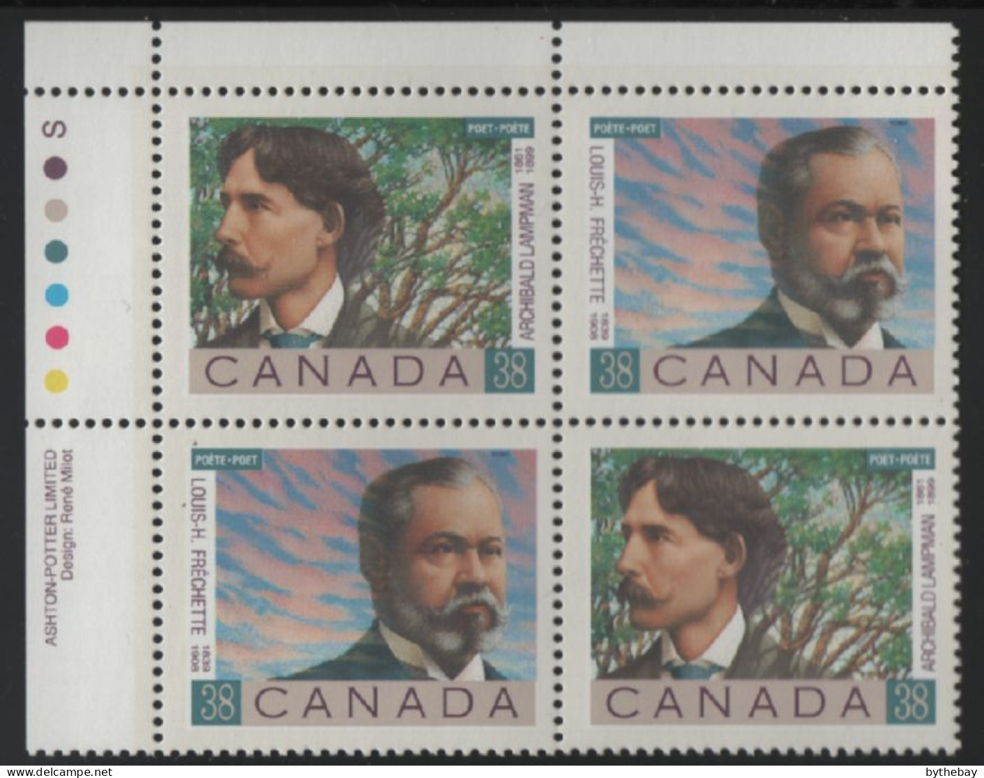 Canada 1989 MNH Sc 1244a 38c Poets UL Plate Block - Plate Number & Inscriptions