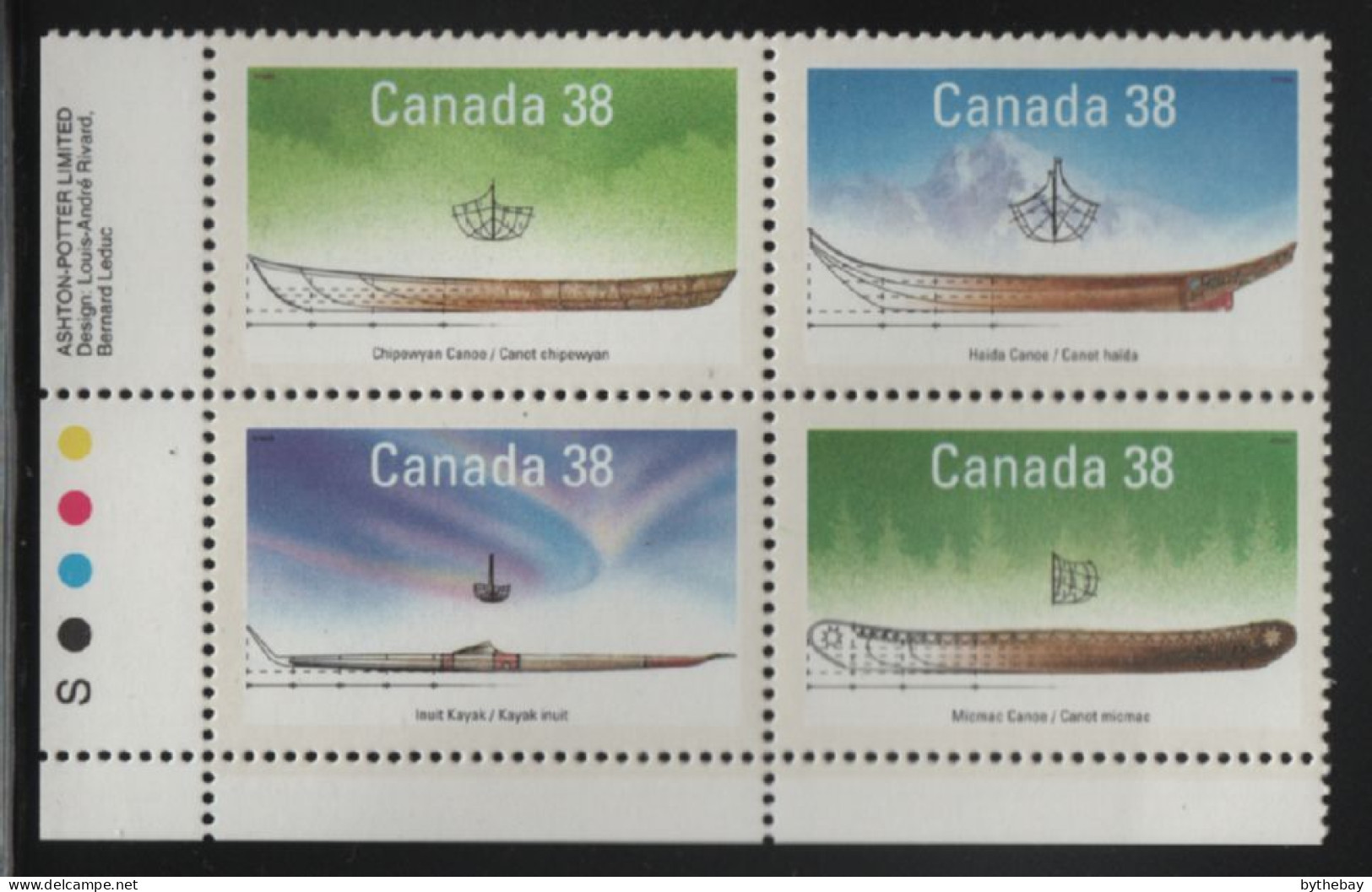 Canada 1989 MNH Sc 1232a 38c Native Boats LL Plate Block - Plate Number & Inscriptions