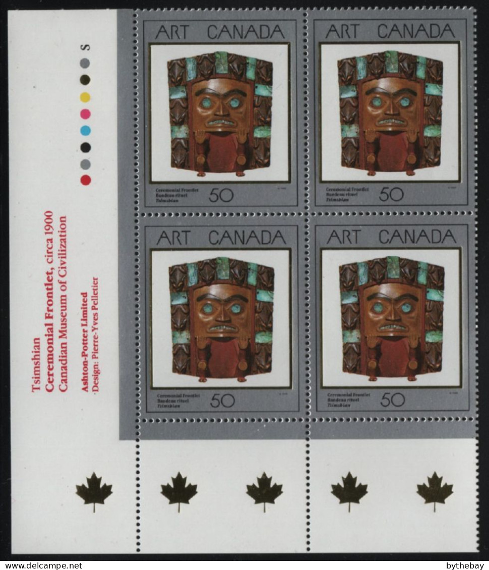 Canada 1989 MNH Sc 1241 50c Ceremonial Frontlet Art LL Plate Block - Plate Number & Inscriptions