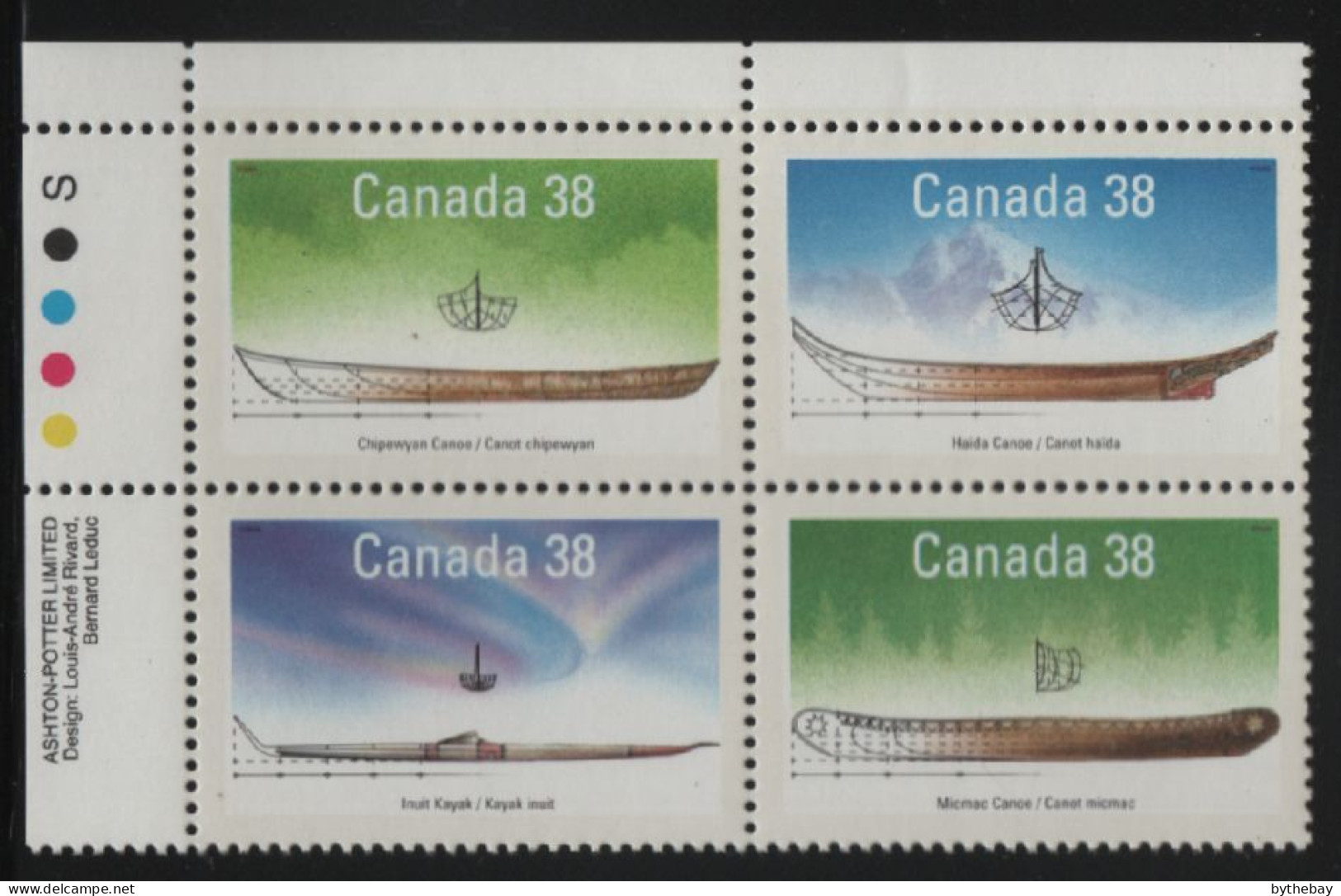Canada 1989 MNH Sc 1232a 38c Native Boats UL Plate Block - Plate Number & Inscriptions