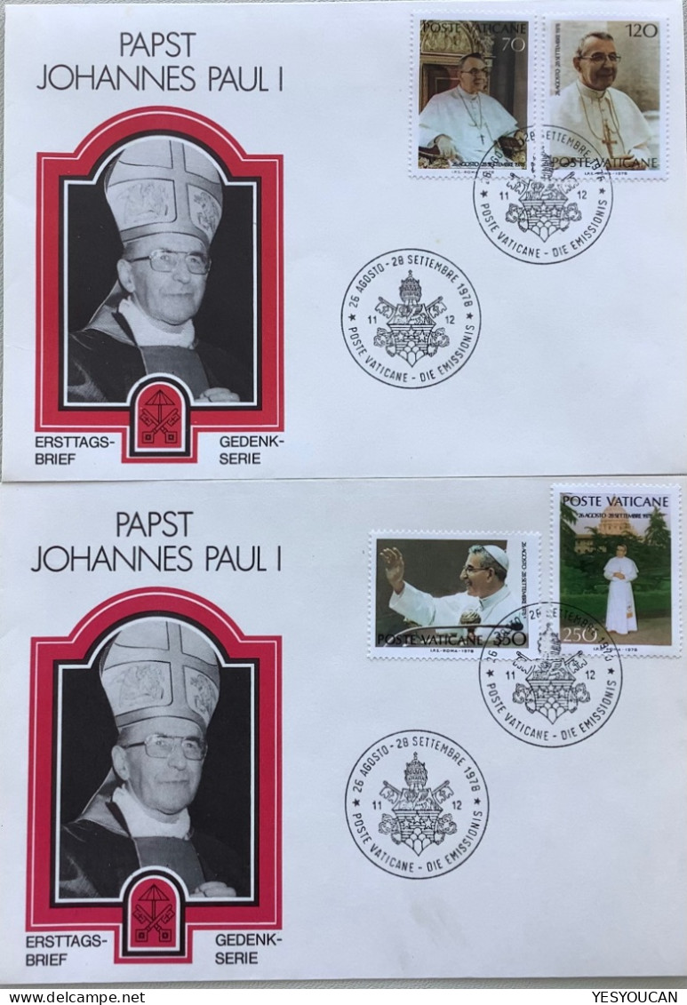 Vatican 2 FDC 1978 PAPST JOHANNES PAUL 1 / PAPE JEAN PAUL 1 / POPE JOHN PAUL 1 (Ersttagsbrief Vaticano - Briefe U. Dokumente