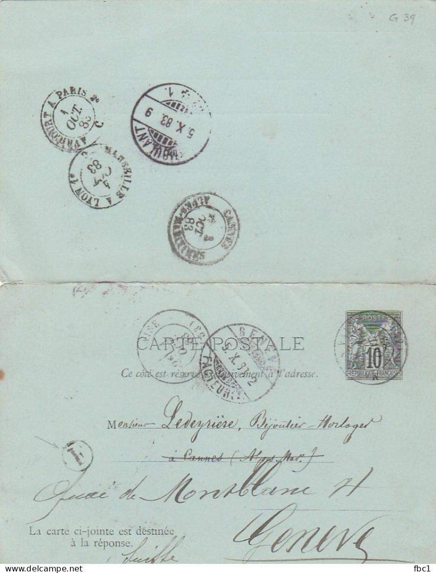 Meuse - Goussaincourt - Carte Réponse Payée 10 C Sage Vers Cannes Puis Redirigé Vers Genève (Suisse) 1883 - Cartes/Enveloppes Réponse T