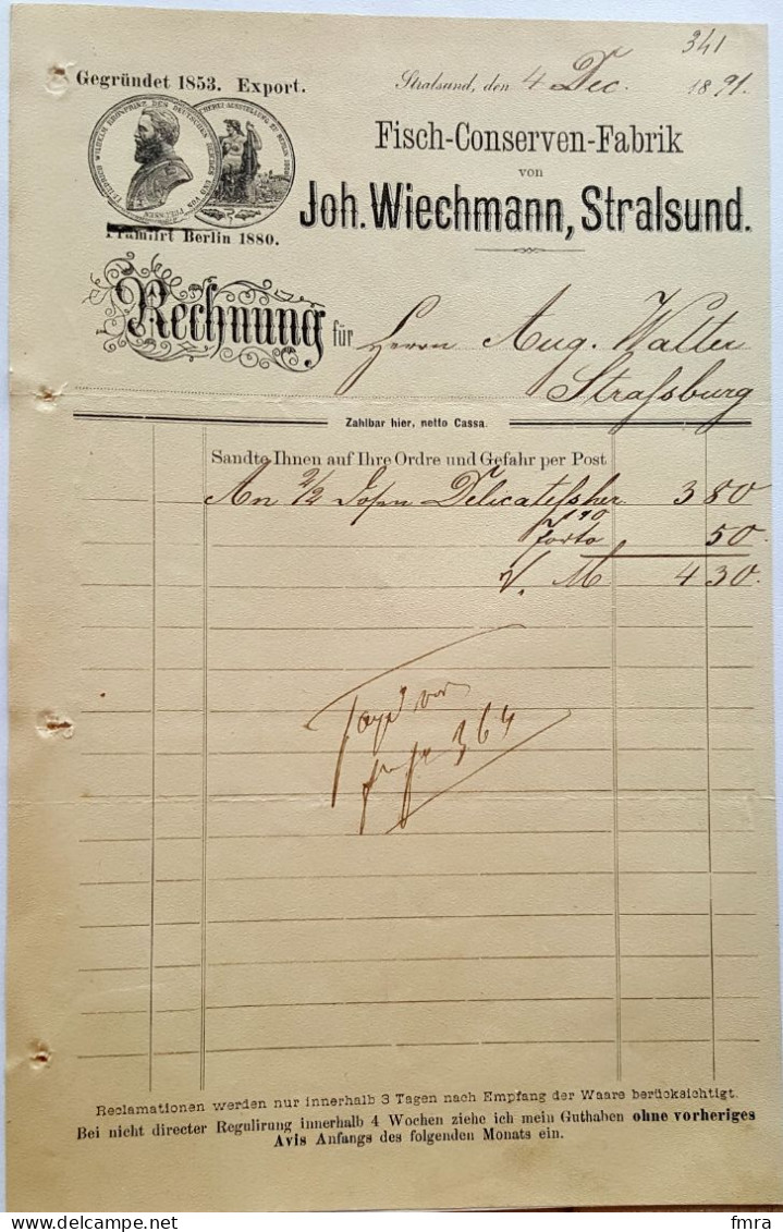 ► Facture 1891 - Rechnung STRALSUND - Fisch-Conserven-Fabrik Joh. WIECHMANN - Poisson /14,5 X 23 Cm /F58 - 1800 – 1899