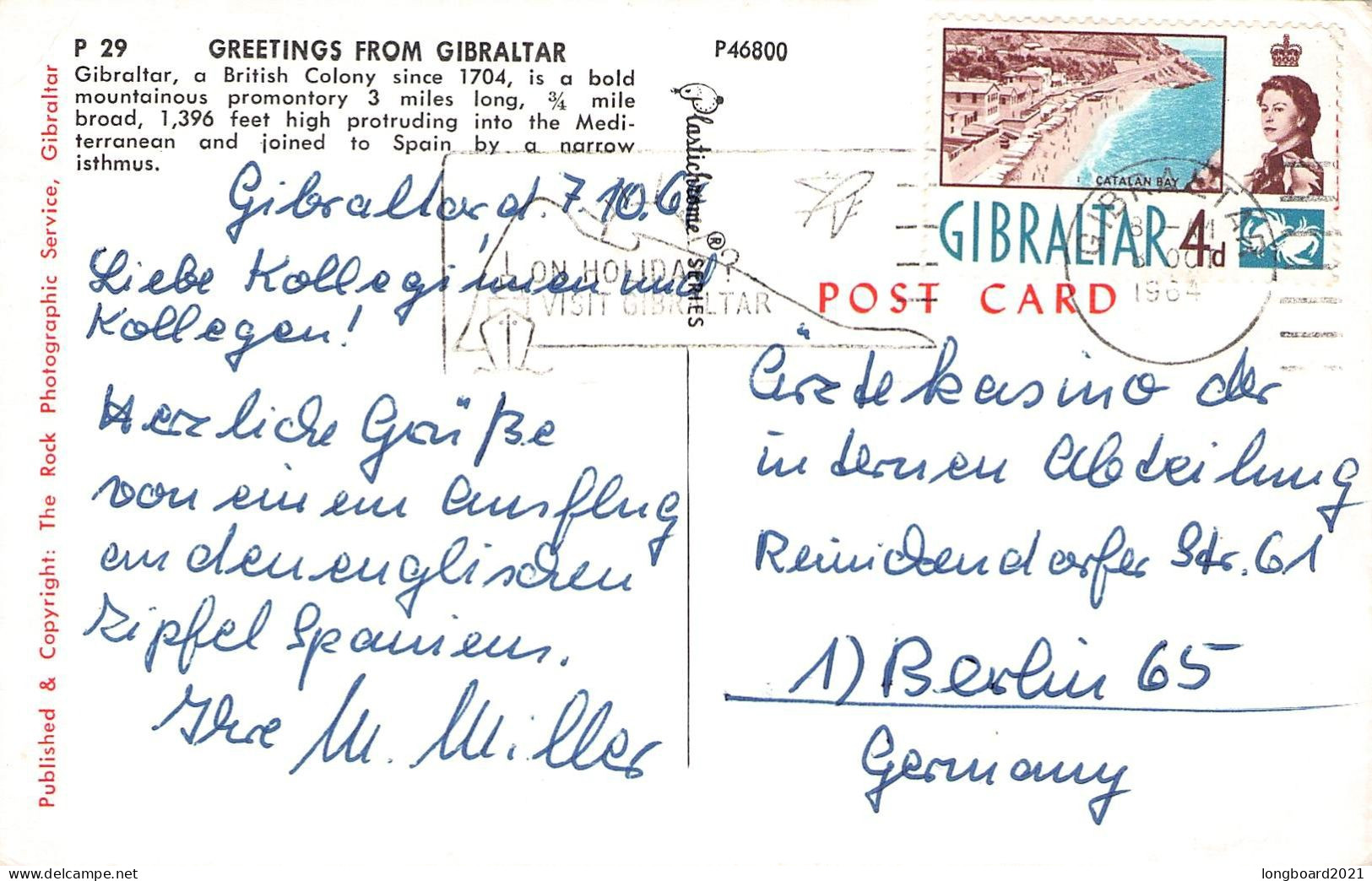 GIBRALTAR - PICTURE POSTCARD 1964 - BERLIN/DE / *1082 - Gibraltar