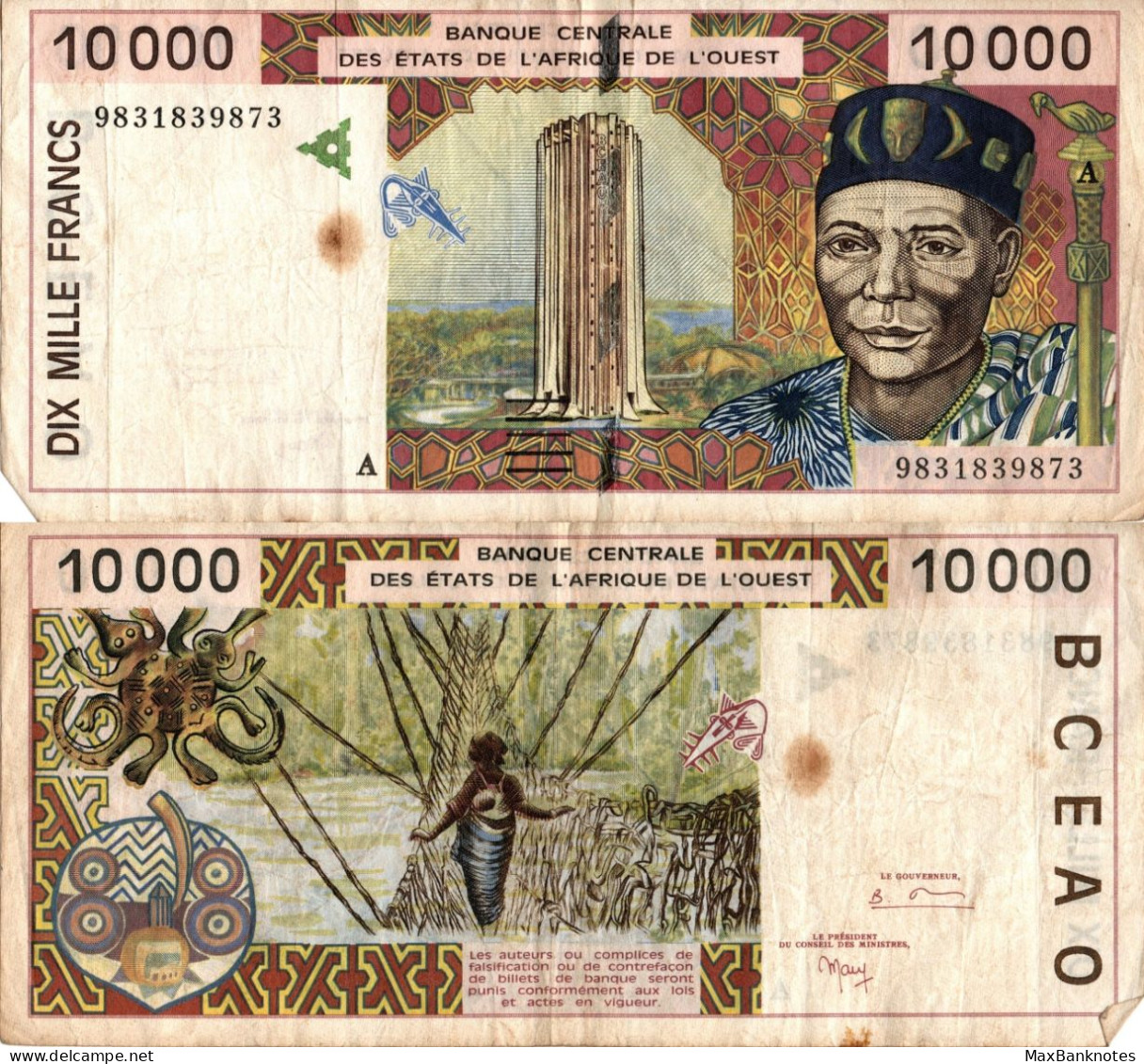 Ivory Coast / 10.000 Francs / 1998 / P-114A(g) / VF - Costa D'Avorio