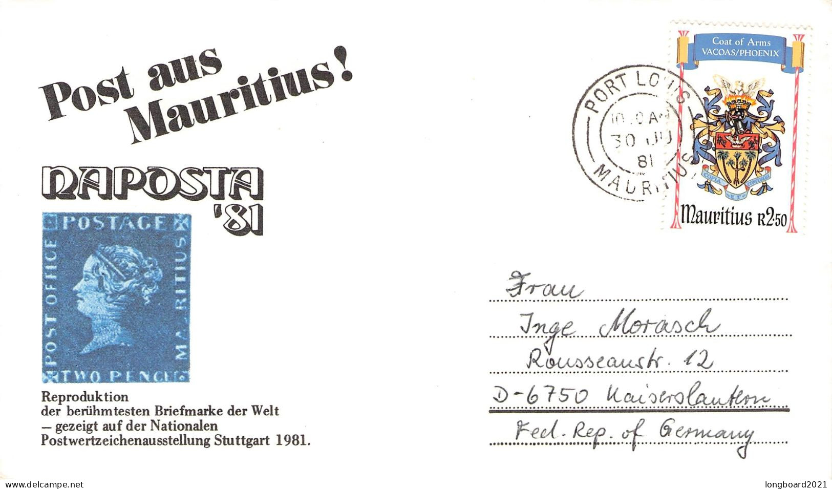 MAURITIUS - NICE COVER PORT LOUIS - KAISERSLAUTERN 1981 / *1087 - Maurice (1968-...)