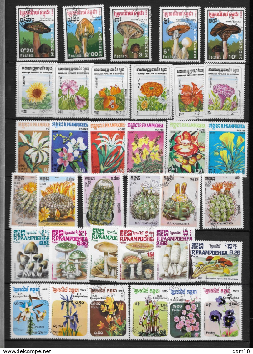 KAMPUCHEA 35 TIMBRES THEME FLORE FLEURS CACTUS CHAMPIGNONS ORCHIDEES  ETC... - Kampuchea