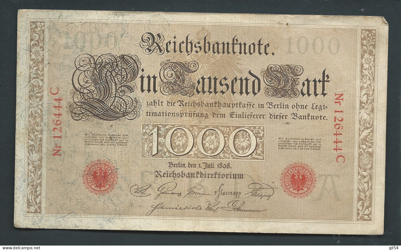 Allemagne Deutschland - Germany - GERMANIA - 1000 Mark,  1. Juli 1898  Nr126444C  Reichsbanknote Laura 10811 - 1.000 Mark