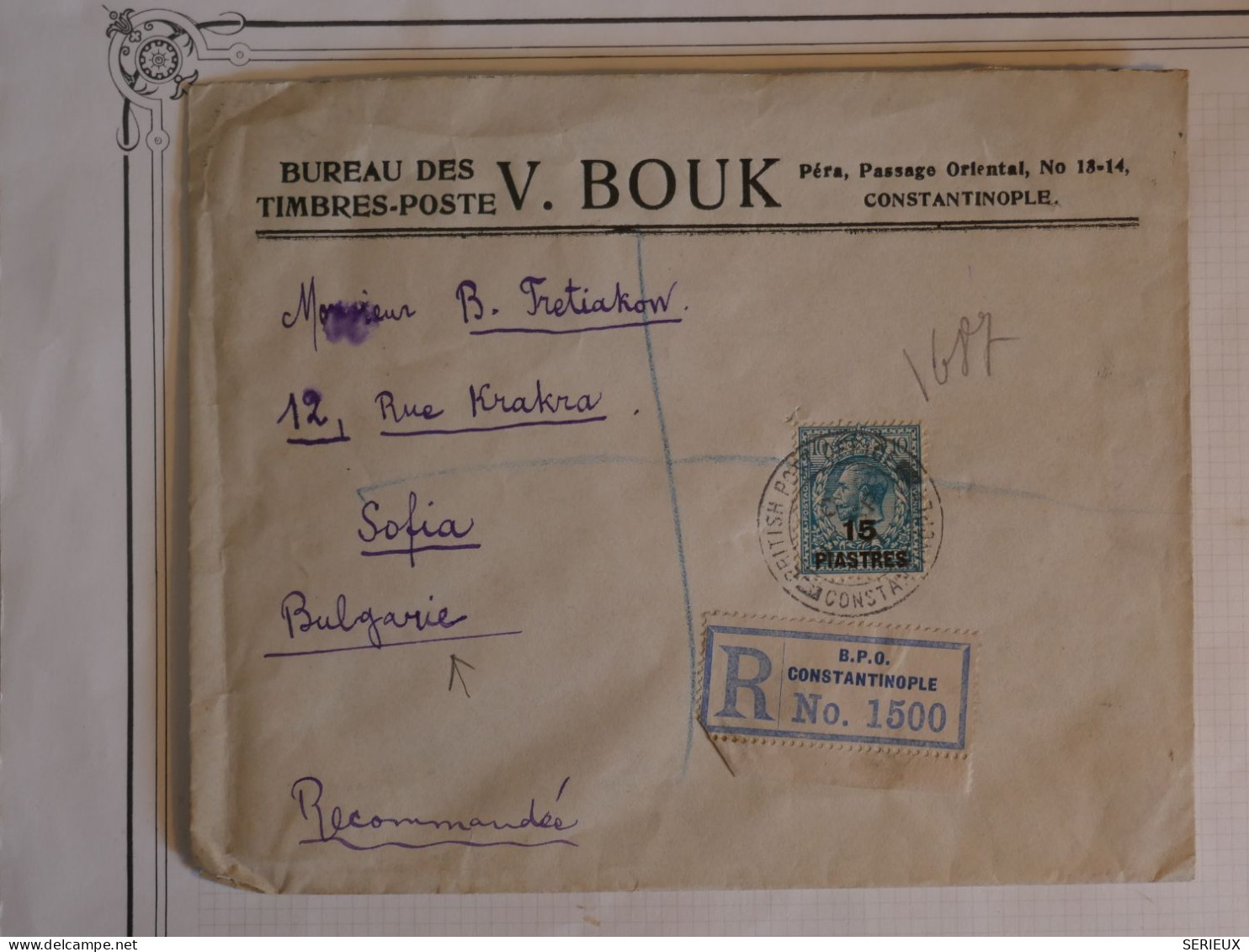 BW9 TURQUIE  BELLE LETTRE RR  RECO 1921 CONSTANTINOPLE A SOFIA  BULGARIE  +SURCHARGE+CACHET CIRE INITIALES ++ + - Lettres & Documents