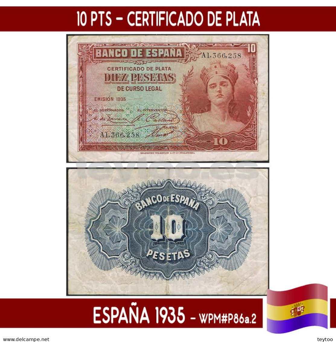 B0969# España 1935. 10 Pts. Certificado De Plata (F) WPM#P86a.2 - 10 Peseten