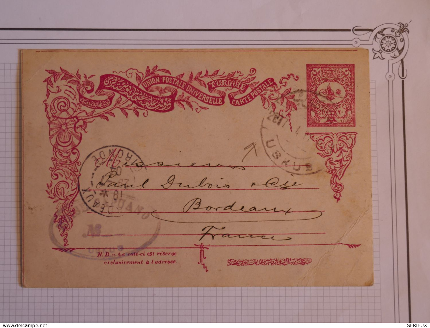 BW9 TURQUIE   BELLE  CARTE ENTIER  RR 1904 PETIT BUREAU USKUB A BORDEAUX +EMPIRE OTTOMAN ++ + - Covers & Documents