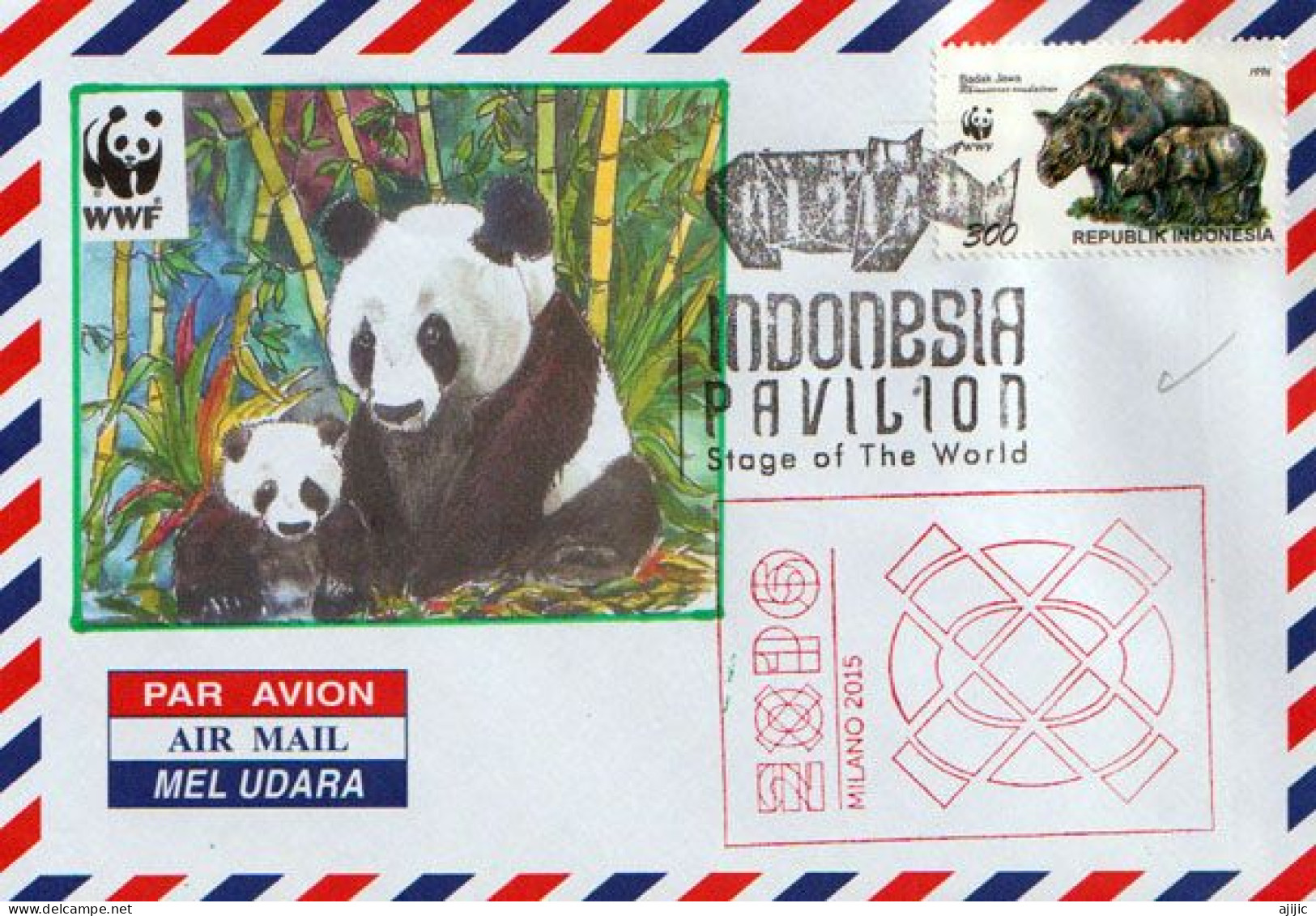 INDONESIE.Rhinocéros De Sumatra (WWF) En Danger D'extinction, Sur Lettre Du Pavillon INDONESIE.EXPO UNIVERSELLE MILAN - Rhinocéros
