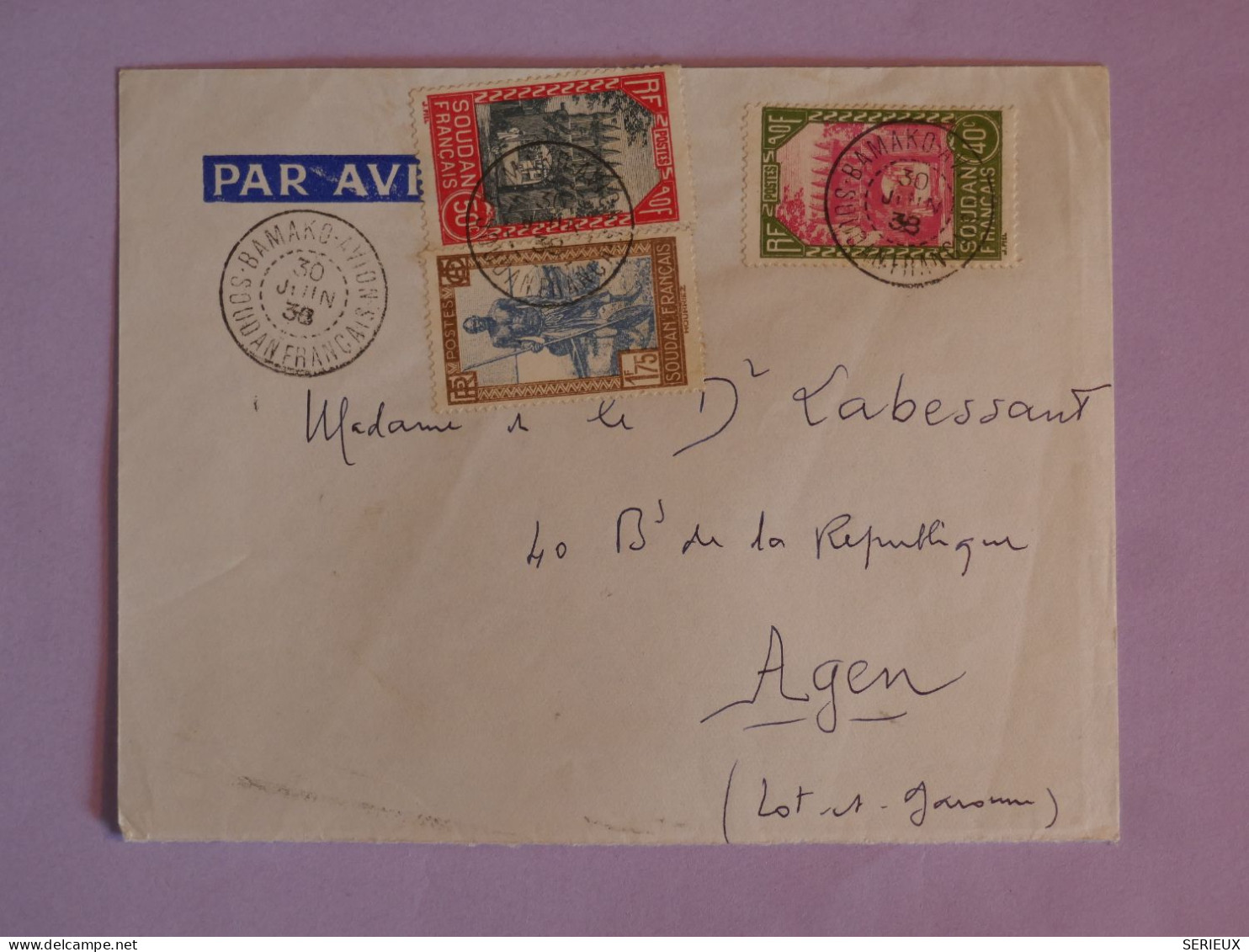 BW9 SOUDAN  BELLE  LETTRE  1938  ABAMAKO A AGEN FRANCE  ++AFF. PLAISANT + - Brieven En Documenten