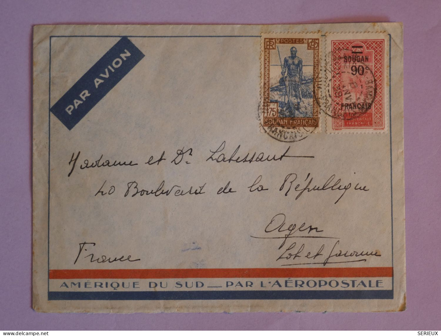 BW9 SOUDAN  BELLE  LETTRE  1938  ABAMAKO A AGEN FRANCE  ++AFF.INTERESSANT + - Covers & Documents