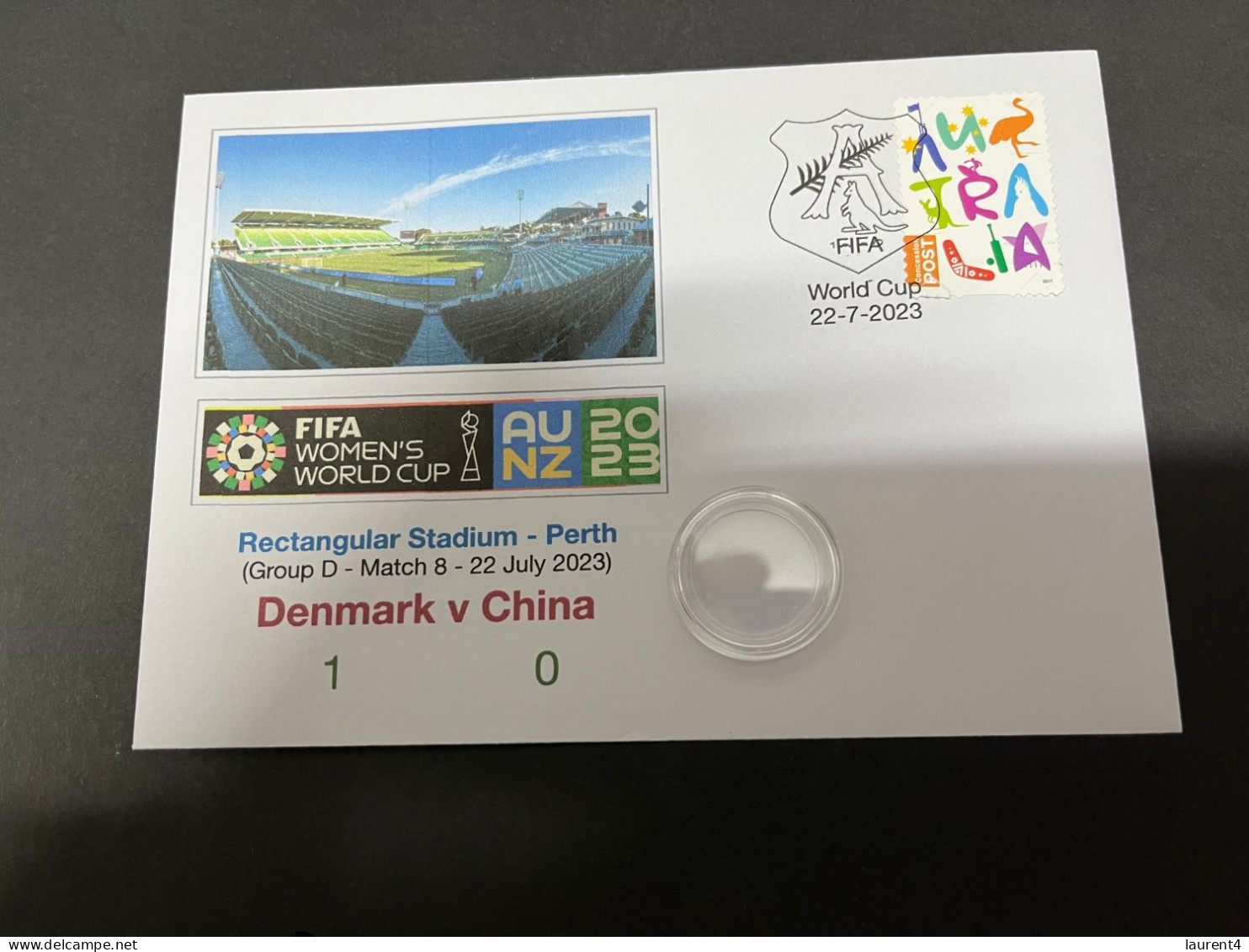 22-7-2023 (3 S 9) FIFA Women's Football World Cup Match 8 (stamp + Coin) Denmark (1) V China (0) - 2 Dollars