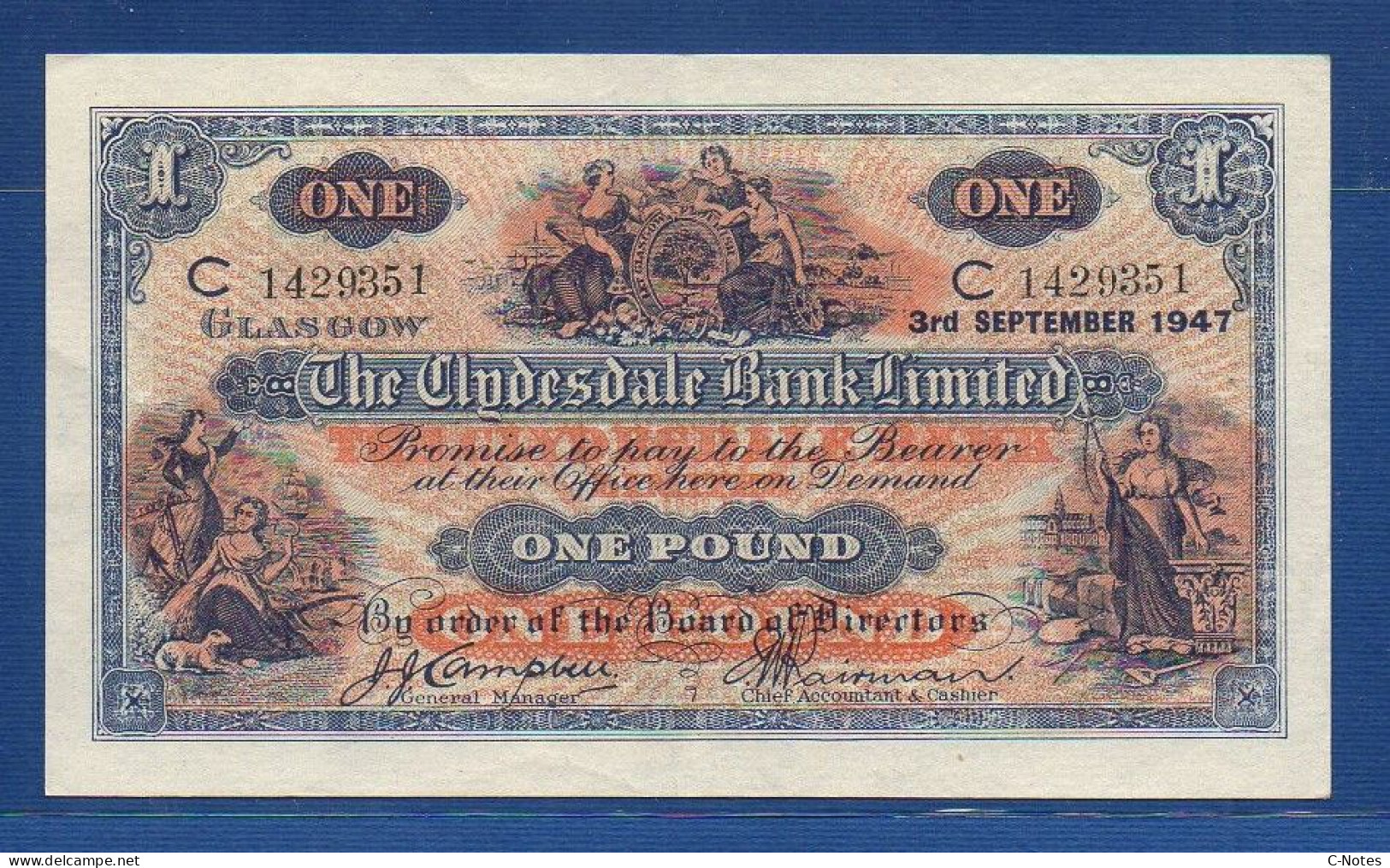 SCOTLAND - P.189e – 1 POUND 03.09.1947 XF/aUNC, S/n C 1429351 - 1 Pond