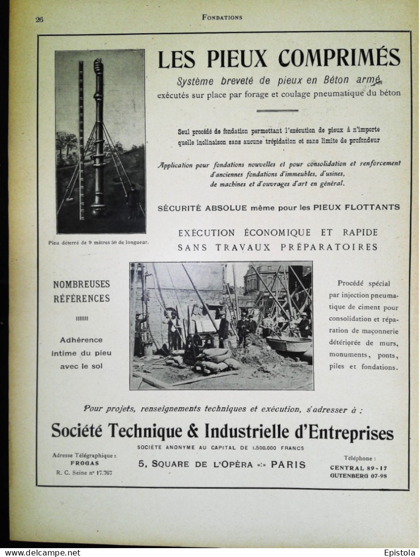 ►   Fondation Au Avec Pieux Comprimés Ets STIE Square Opéra PAris - Page Catalogue Technique 1928  (Env 22 X 30 Cm) - Machines